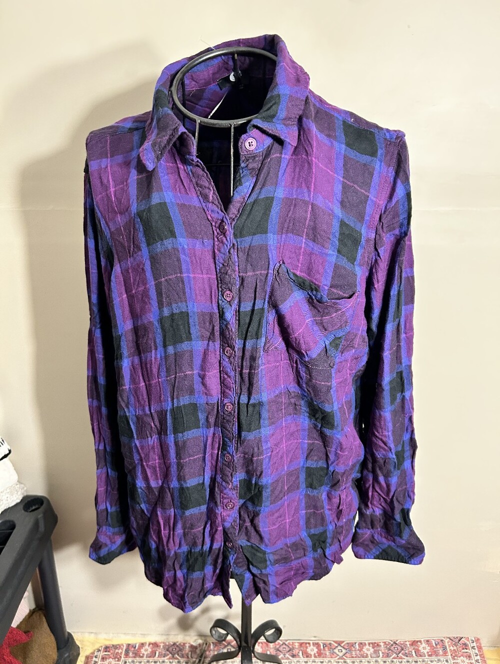 Size 1x womans purple black  gorpcore shirt top blouse plaid flannel button